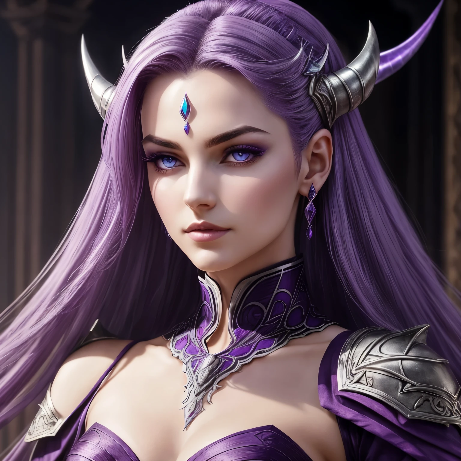 The pale purple Tiefling stand regally Her skin is smooth and pale. Her prominent short, curved horns protruding elegantly from her forehead. The horns have a subtle iridescent sheen, reflecting a soft glow.
Radiant shoulder-length purple hair falls in sleek waves around her delicate face, framing it in an ethereal and mesmerizing manner. The vibrant purple hue boasts a lustrous quality, while subtle streaks of pale lavender add depth and visual interest.
Her eyes, a striking shade of silver, mesmerize and captivate like twin suns. The rest of her facial features, a slender nose, and elegantly arched eyebrows. She wears an intricately tailored suit of heavy armor adorned with arcane symbols woven into the metal . The armor's color, a fusion of deep purples and blacks, with Delicate, silver-threaded adornments