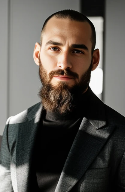 Hay un hombre con barba y una chaqueta de traje calvo con barba