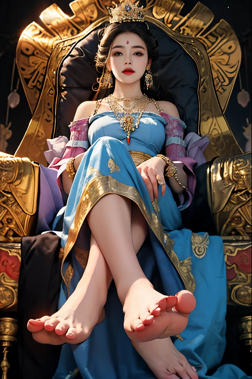 masterpiece,best quality, from below, 1girl, cross leg, show feet, Sole of foot, Queen, gorgeous dress, low breast, jewelry, crown, earrings, necklace, throne, palace
 