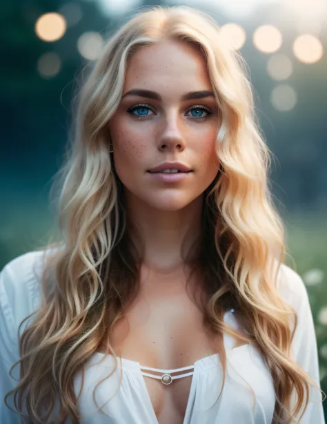 Professional portrait photo of a gorgeous Norwegian girl with a crowded outdoor night in the background, long wavy blonde hair, ...