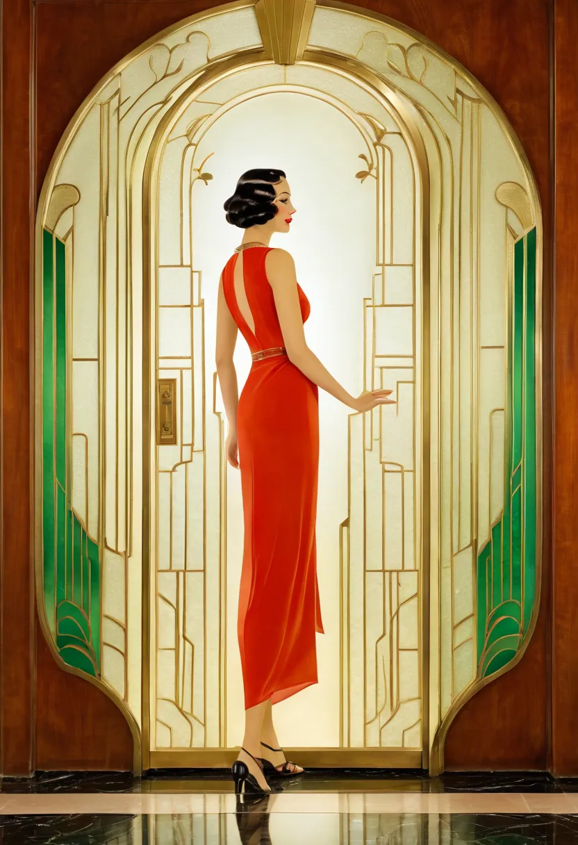 art deco design，Glass doors、a woman is standing in front of the door