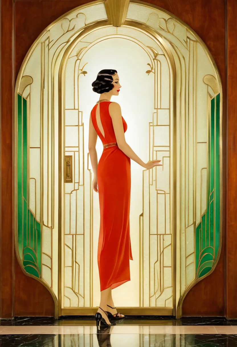 art deco design，glass doors、a woman is standing in front of the door