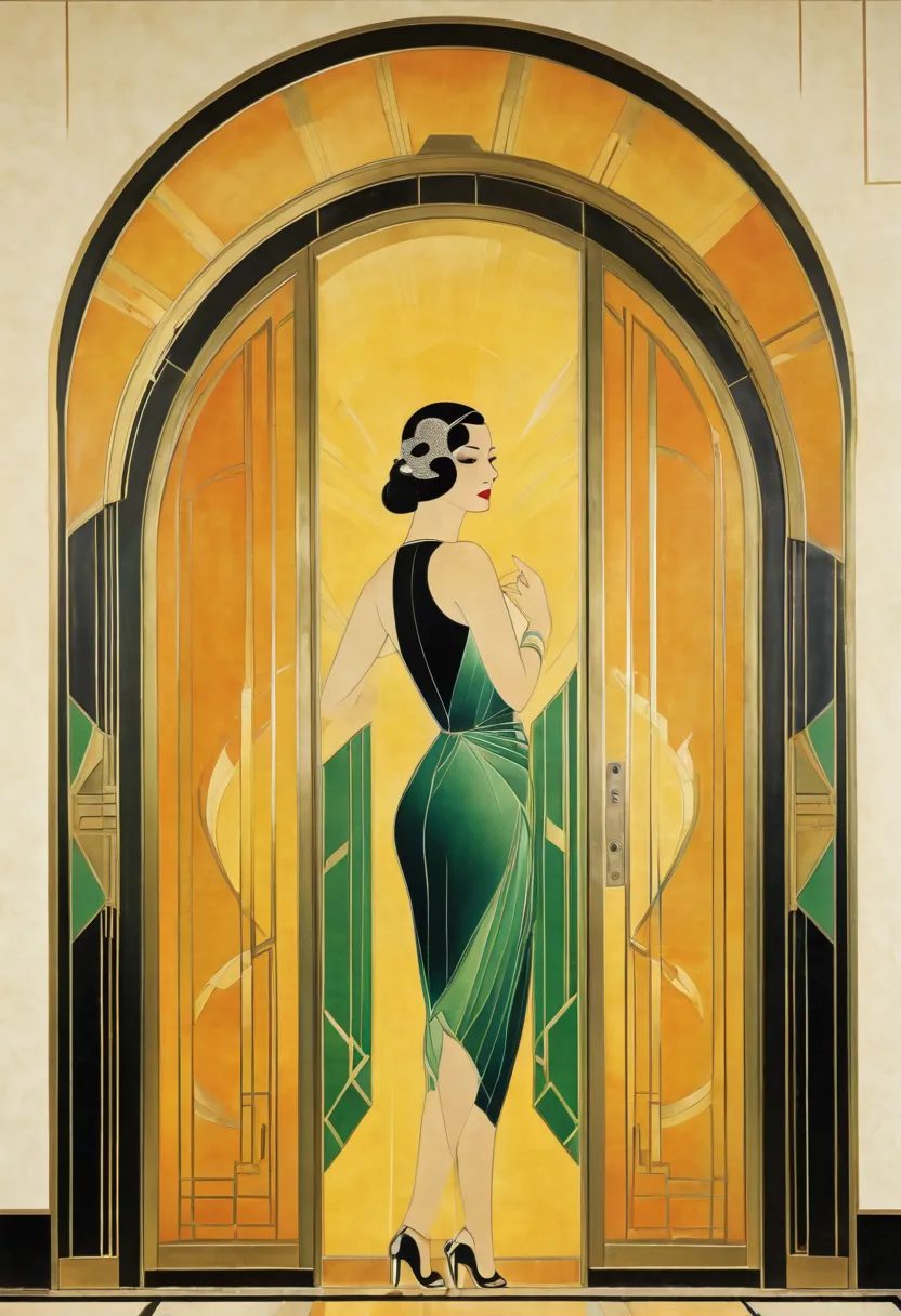 art deco design，glass doors、a woman is standing in front of the door