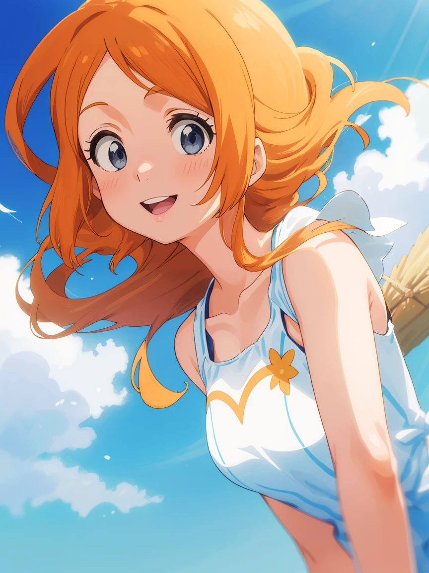 Inoue Orihime, laranja, cabelo, long cabelo, (olhos castanhos:1.5), grampo de cabelo, sorriso, seios grandes, 1 garota, girassol, tem, flor, vestir, white vestir, sunvestir, céu, olhando para o espectador, palha tem, dia, sorriso, ao ar livre, Nuvem, sol tem, lábios, ombros nus, blue céu