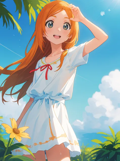 Inoue Orihime, laranja, cabelo, long cabelo, (olhos castanhos:1.5), cabelopin, sorriso, seios grandes, 1 garota, sunflor, tem, f...