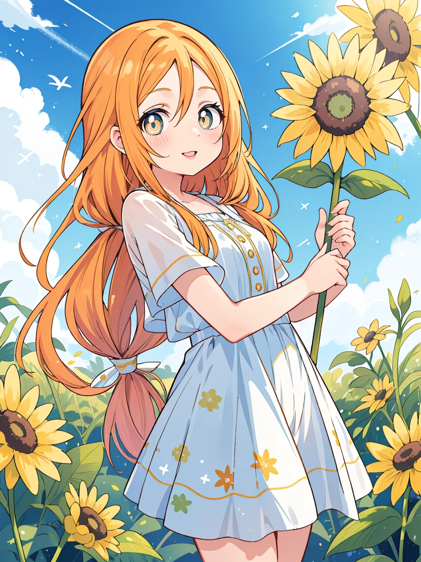 Inoue Orihime, laranja, cabelo, long cabelo, (olhos castanhos:1.5), grampo de cabelo, sorriso, seios grandes, 1 garota, girassol, tem, flor, vestir, white vestir, sunvestir, céu, olhando para o espectador, palha tem, dia, sorriso, ao ar livre, Nuvem, sol tem, lábios, ombros nus, blue céu