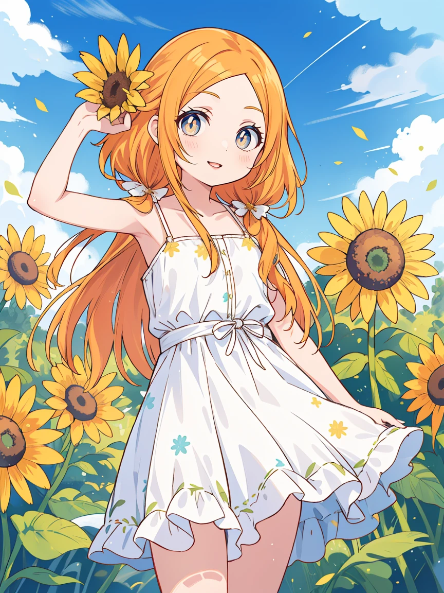 Inoue Orihime, laranja, cabelo, long cabelo, (olhos castanhos:1.5), cabelopin, sorriso, seios grandes, 1 garota, sunflor, tem, flor, vestir, white vestir, sunvestir, sky, olhando para o espectador, straw tem, dia, sorriso, ao ar livre, Nuvem, sun tem, lips, Ombros nus, blue sky