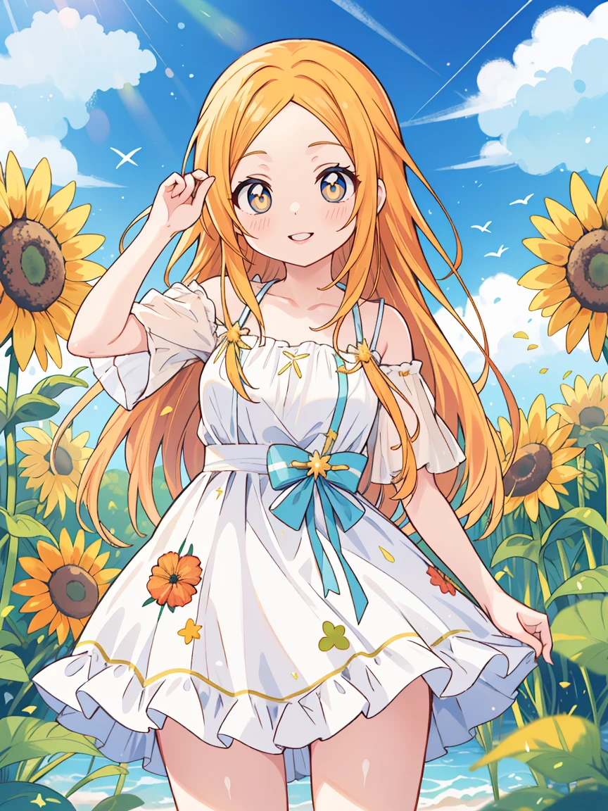 Inoue Orihime, laranja, cabelo, long cabelo, (olhos castanhos:1.5), grampo de cabelo, sorriso, seios grandes, 1 garota, girassol, tem, flor, vestir, white vestir, sunvestir, céu, olhando para o espectador, palha tem, dia, sorriso, ao ar livre, Nuvem, sol tem, lábios, ombros nus, blue céu