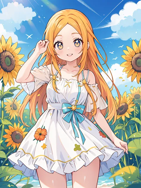 Inoue Orihime, laranja, cabelo, long cabelo, (olhos castanhos:1.5), cabelopin, sorriso, seios grandes, 1 garota, sunflor, tem, f...