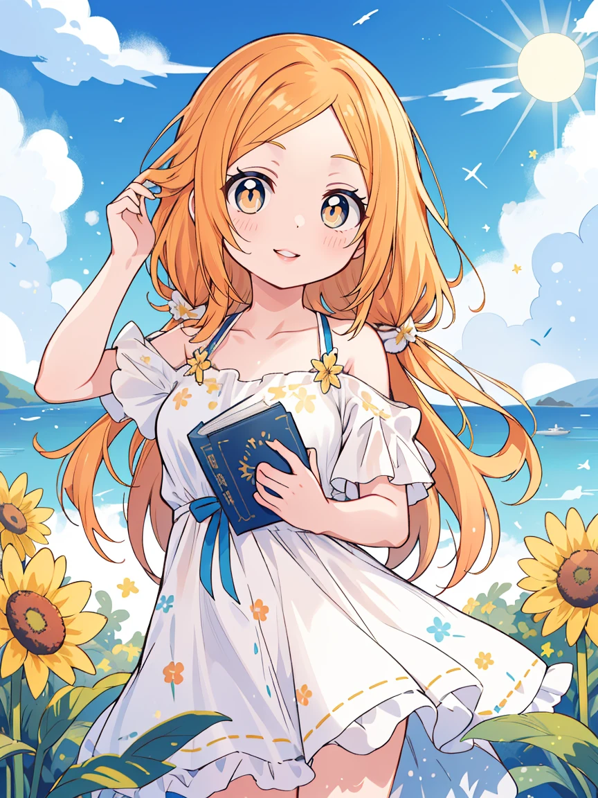 Inoue Orihime, laranja, cabelo, long cabelo, (olhos castanhos:1.5), grampo de cabelo, sorriso, seios grandes, 1 garota, girassol, tem, flor, vestir, white vestir, sunvestir, céu, olhando para o espectador, palha tem, dia, sorriso, ao ar livre, Nuvem, sol tem, lábios, ombros nus, blue céu