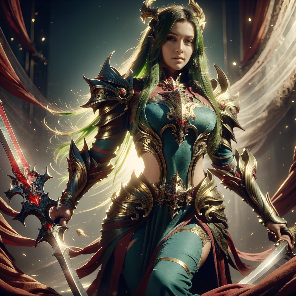 (a)beautiful woman long green hair blue gorgeous eyes,(a)golden armor,(a)mighty sword,(a)slaying,(a)horrible deamond creatures,background,(a)death deamonds,(best quality) More companians next to her side. She's stepping on a monsters corpes.