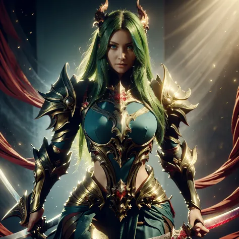 (a)beautiful woman long green hair blue gorgeous eyes,(a)golden armor,(a)mighty sword,(a)slaying,(a)horrible deamond creatures,background,(a)death deamonds,(best quality) More companians next to her side. She's stepping on a monsters corpes.