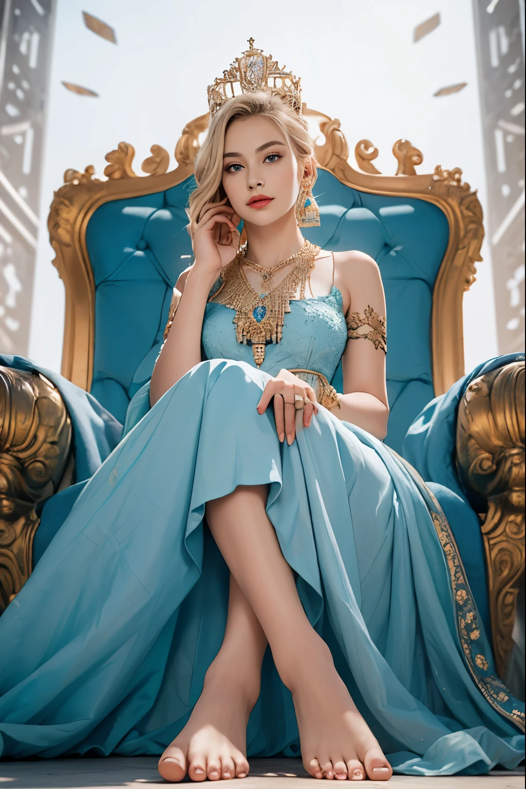 (best quality,4k,8k,highres,masterpiece:1.2),ultra-detailed,realistic,photorealistic:1.37,portrait,from below,1girl,blonde hair,light blue eyes,gorgeous detailed eyes,beautiful detailed lips,cross-legged,showing feet,exquisite soles of feet,queen,gorgeous dress,low-cut dress,expensive jewelry,crown,earrings,necklace,sitting on a throne,in a grand palace