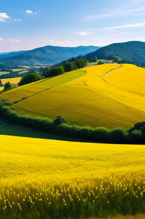 a hillside filled with wheat and flowers --ar 4:3