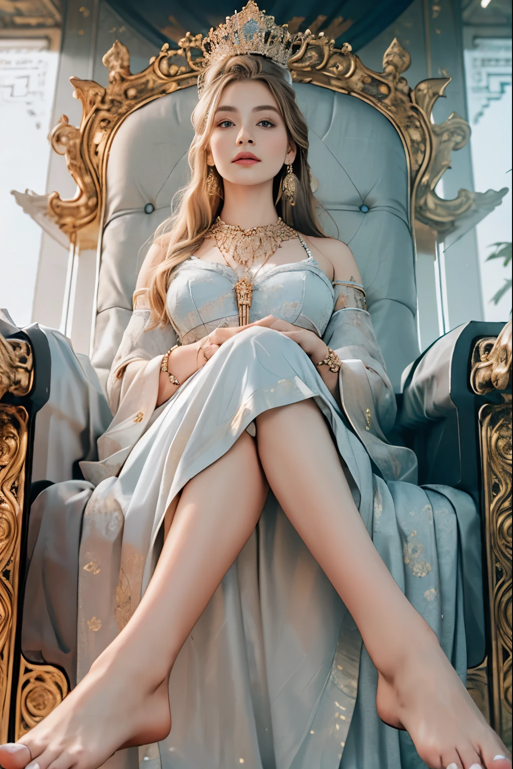 (best quality,4k,8k,highres,masterpiece:1.2),ultra-detailed,realistic,photorealistic:1.37,portrait,from below,1girl,blonde hair,light blue eyes,gorgeous detailed eyes,beautiful detailed lips,cross-legged,showing feet,exquisite soles of feet,queen,gorgeous dress,low-cut dress,expensive jewelry,crown,earrings,necklace,sitting on a throne,in a grand palace