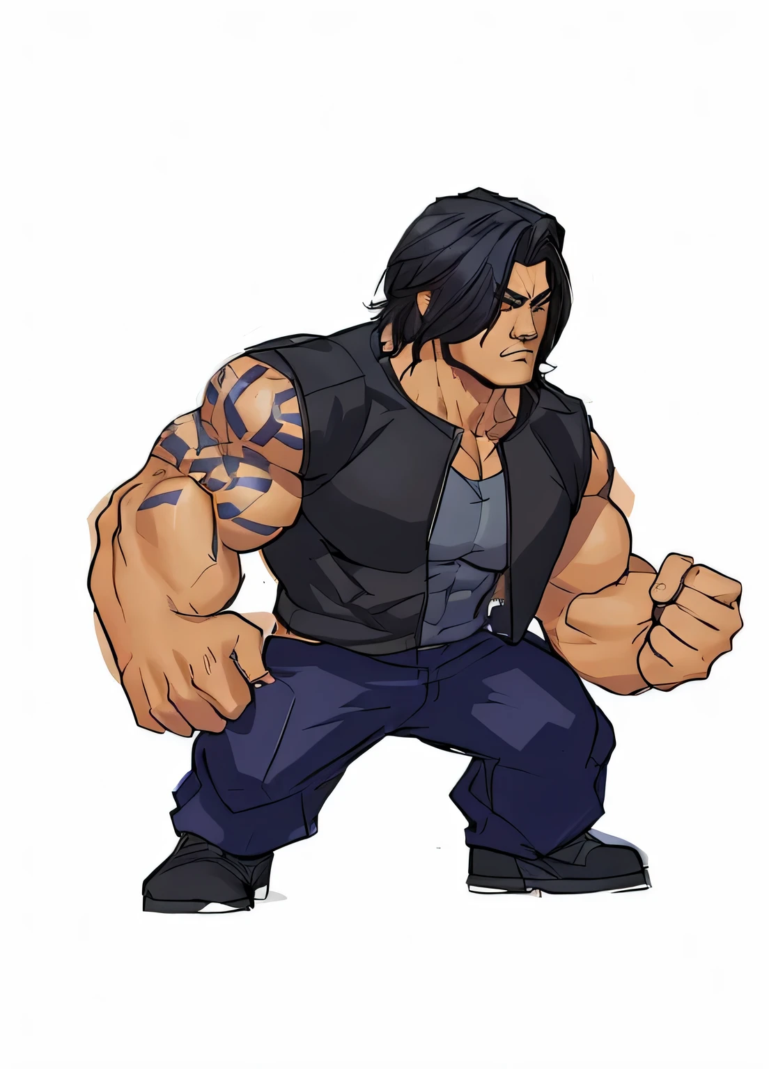 A cartoon of a man with a large muscular body and a black vest - SeaArt AI