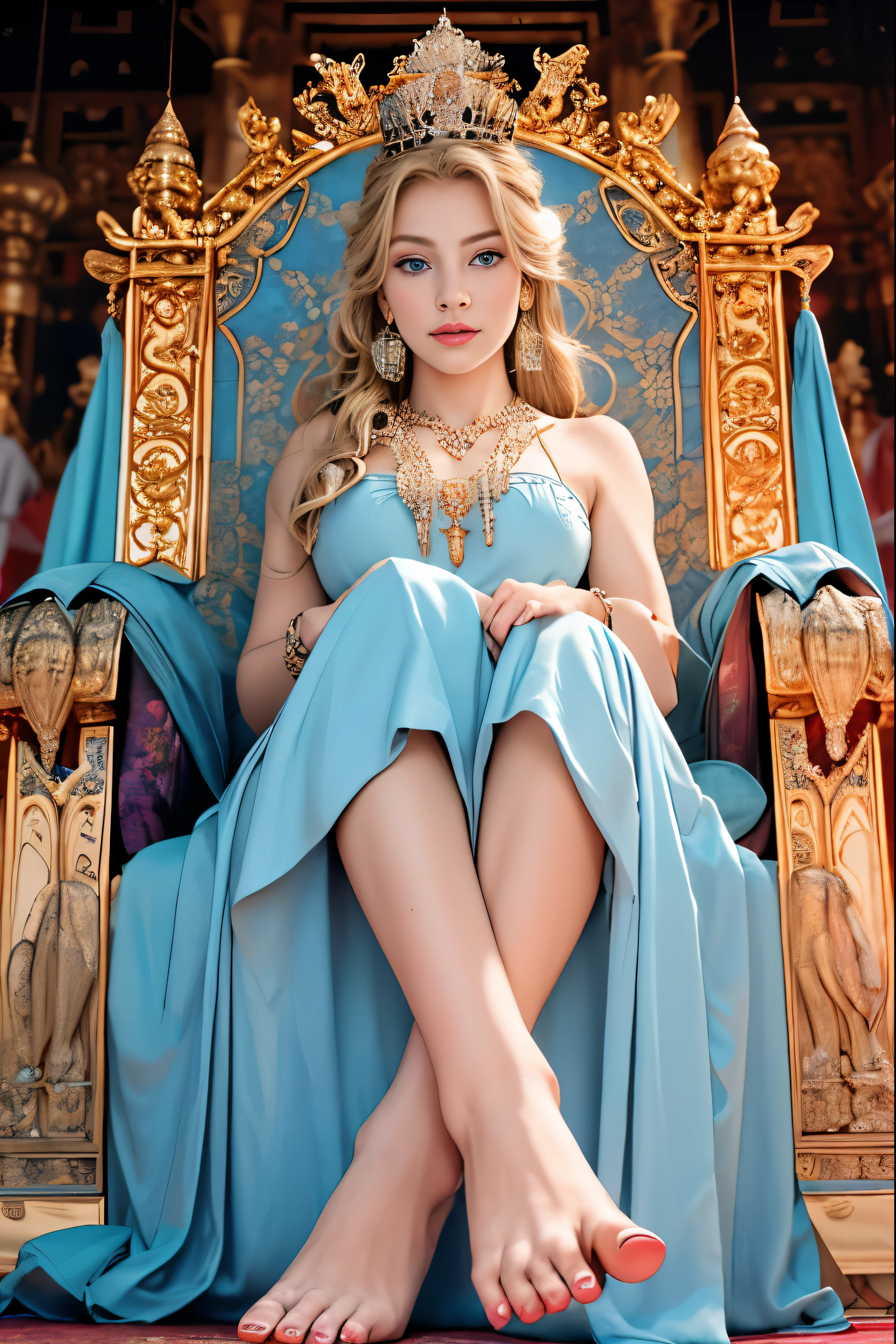 (best quality,4k,8k,highres,masterpiece:1.2),ultra-detailed,realistic,photorealistic:1.37,portrait,from below,1girl,blonde hair,light blue eyes,gorgeous detailed eyes,beautiful detailed lips,cross-legged,showing feet,exquisite soles of feet,queen,gorgeous dress,low-cut dress,expensive jewelry,crown,earrings,necklace,sitting on a throne,in a grand palace