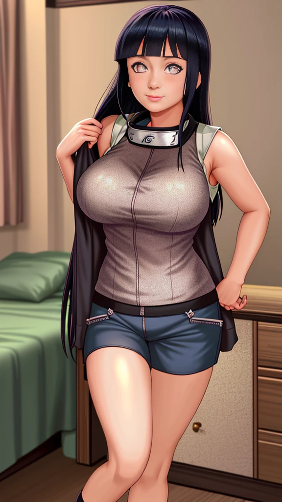 Masterpiece, highres, high Quality, detailed face, detailed body render, 1girl, solo, hyuuga hinata, hinata-sleeveless-outfit, large breasts, big breast, sleeveless shirt, fishnet top, dark lips, unzipped jacket, no bra, breasts out, nipple, standing, blushes, (on bedroom)