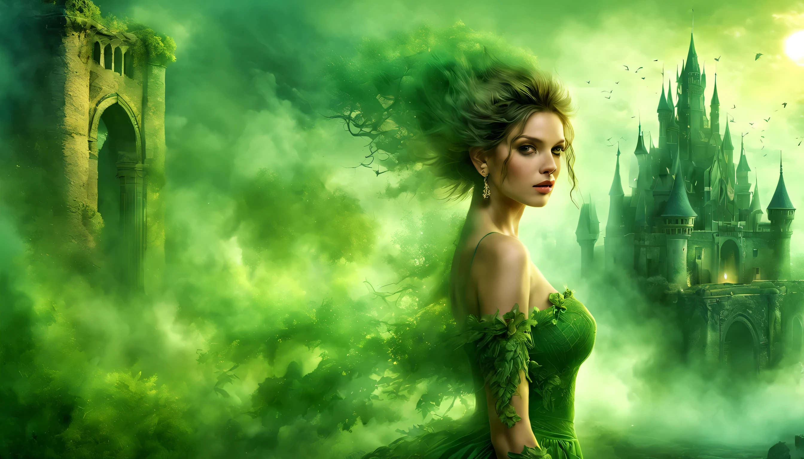 masterpiece, ultra-realistic, extremely detailed 8K wallpaper, Best quality, photo masterpiece, half-naked confident girl, in the green fog, Eye-catching accessories, beautiful facial features, fashionable hairstyle, Detailed illustration of fantastic beauty, In front of the ruins of a castle shrouded in the green fog, paintings with a mysterious touch, Bright colors, Illustrations, Detailed leather texture, detailed cloth texture, complex parts, ultra detailed.