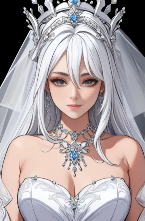 (masterpiece, best quality: 1.4), detailed background, white crystal, crysal cluster,long hair,jewelry, earrings, necklace, crown, bride, white hair, halo,