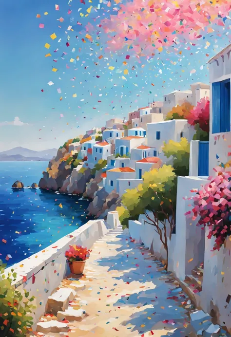 colorful confetti filled the sky at the seaside of greece, romantic scenery, impressionist, clean thin lines, semi-realism