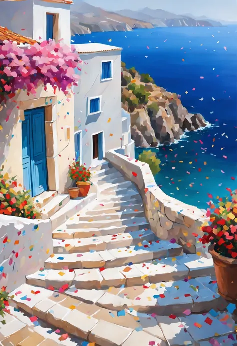 colorful confetti at the seaside of greece, romantic scenery, impressionist, semi-realism