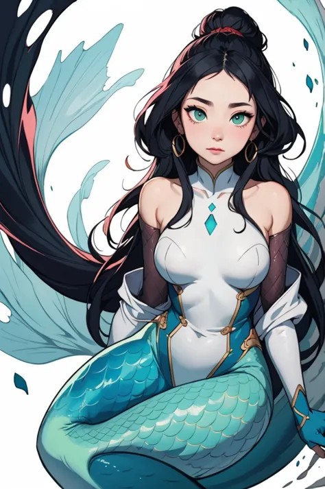 a full shot of a mermaid with pale white skin, green eyes, voluminous woman, ross tran 8k, work of art in the style of guweiz, g...