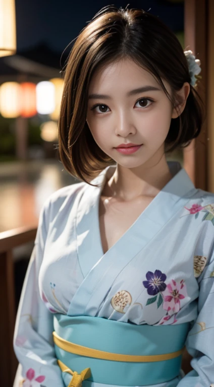 (table top, highest quality:1.4), beautiful face, 8K, 85mm, absurd, (floral pattern yukata:1.4), close up of face, violaces, gardenia, delicate girl, alone, night, looking at the viewer, Upper body, film grain, chromatic aberration, sharp focus, face light, professional lighting, Sophisticated, (smile:0.4), (simple background, background bokeh:1.2), details face,Background of the fireworks display、smile, cute, youth, cute face, realistic face, Light brown eyes、delicate eyes, 垂れ目highest quality, , (blurred background), ), (with no people in the background:1.3、beautiful japanese woman、Popular idols in Japan、Nogizaka、well-shaped chest、big breasts、Light brown beautiful hair