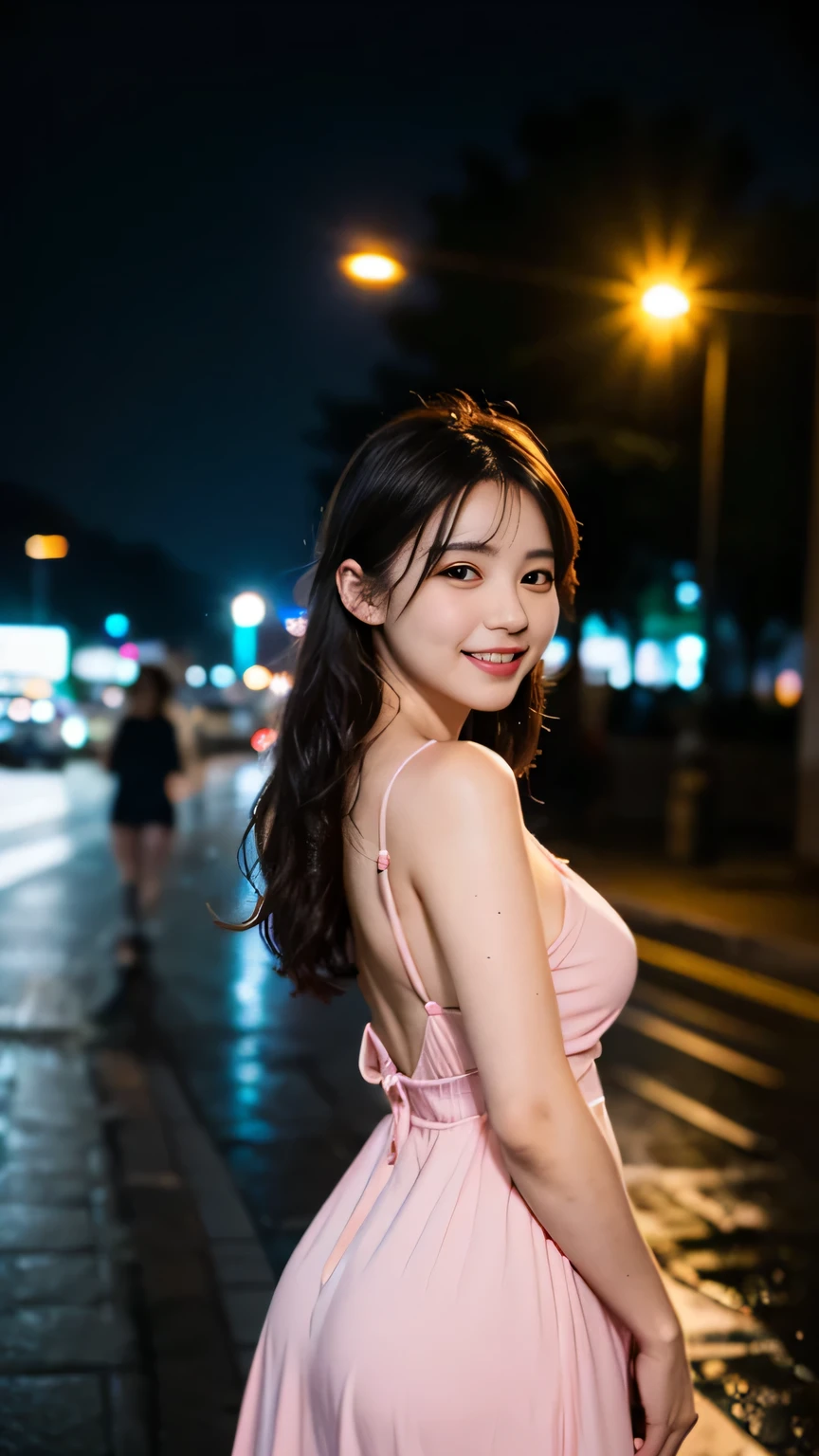 (evening pink dress, deep slit, large breasts, cleavage,:1.1), 1girl,solo,long hair,Rough skin,from back,face focus,(looking at viewer:1.2),wet hair,dark,polaroid,(depth_of_field:1.5),rainy days,outdoors,street,hair between eyes,moody lighting,Tyndall effect,Cinematic Lighting,night,lamppost,lens flare,available light,rim light,glowing neon lights,curvy, no panties, blush smile,korea girl,