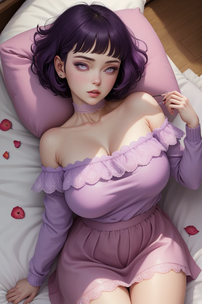 (masterpiece) (huge titusty, masterpiece, absurdres, hinata\(boruto\), 1girl, solo,mature female, off-shoulder bra, high waist short skirt, looking at viewelling petals), perfect composition, detailed lips, big breast, beautiful face, body propotion, blush, (pink lips), short hair, purple eyes, soft gaze, super realistic, detailed, photoshoot, realistic face and body, laying on the bed , lilac eyes, full body, lace clothes, eating strawberry