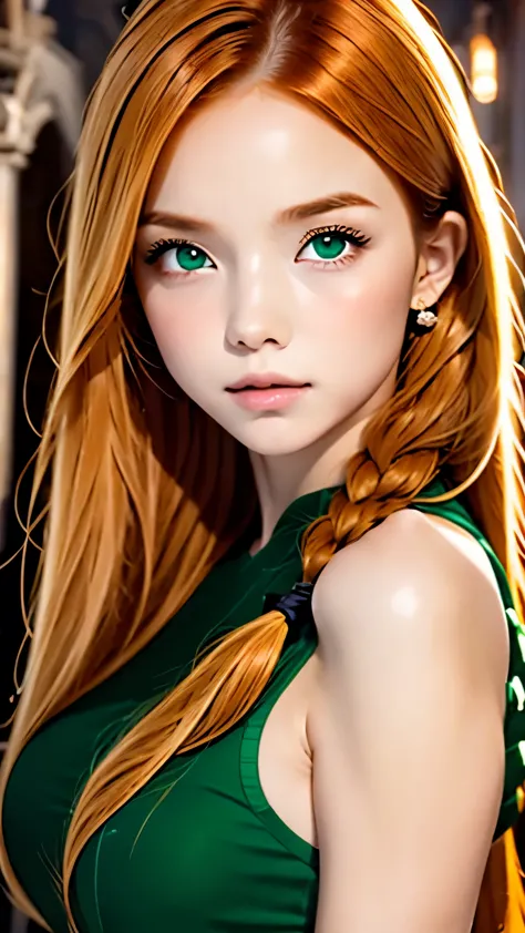 The topic is Tomojo&#39;Half body、young girl, refined facial features, bright skin, ginger hair hair, gray-green eyes. Against t...