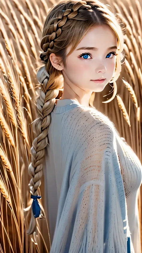 one woman、cute face、Also々new expression、Japanese、charming eyes、cream hair、french braid、18-year-old、gray eyes、camisole dress、Blue...