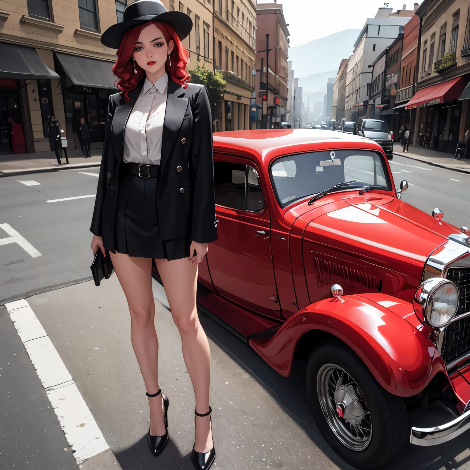 masterpiece, pale skin, red lips, light eyes, eyeshadow, front shot a beautiful red-haired woman with medium curly hair standing on the street holding a Thompson drum M1928A1, behind her a 1928 Cadillac Town Sedan left green, she wears a mafia suit with red and black colors, Skirt and jacket on her shoulders in mafia style, she also wears a hat, garter holder and heels, very detailed body, detailed car and clothes, chiaroscuro, natural daylight, highly detailed, her and the car focused on the image
