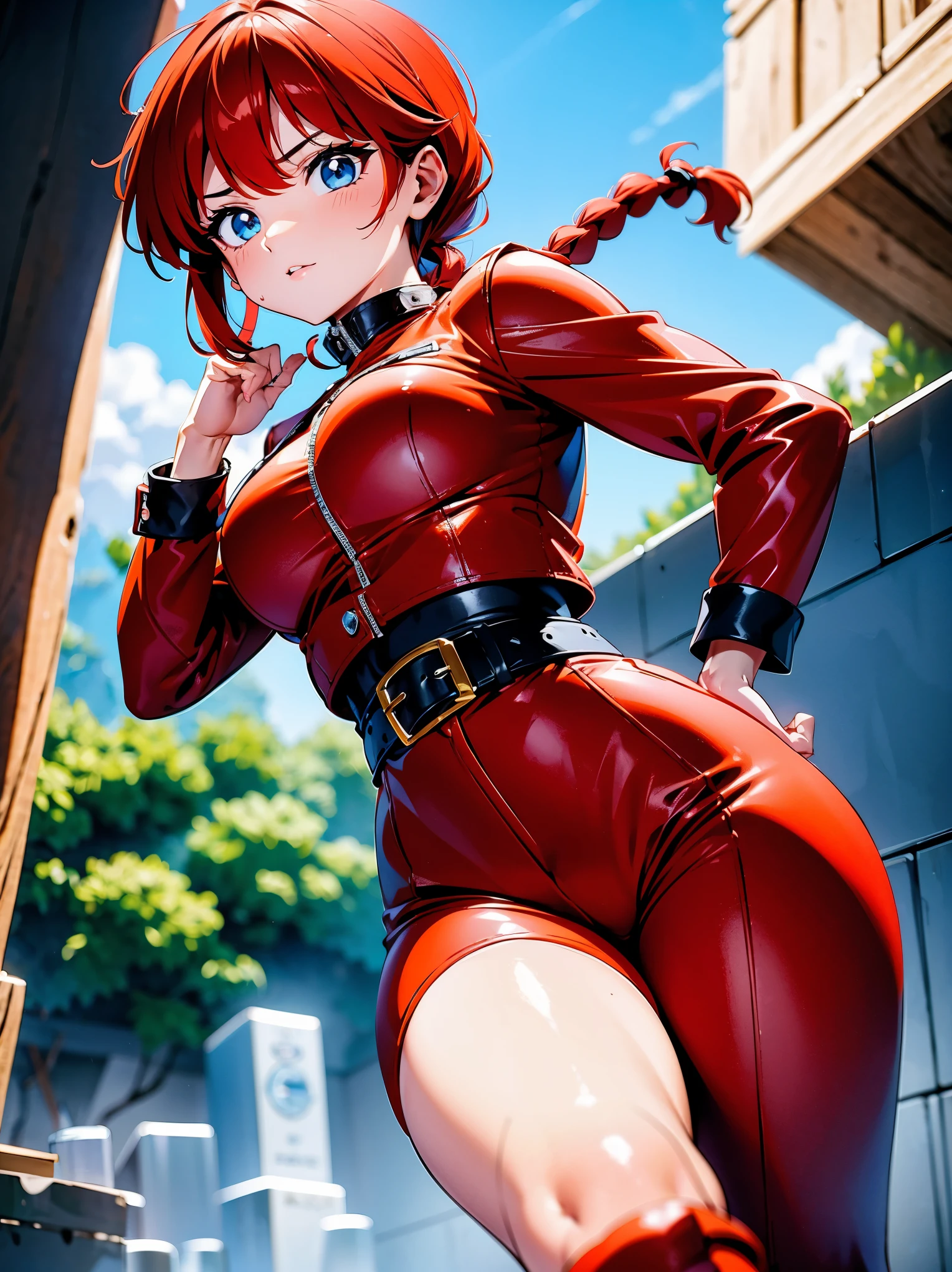 Garota anime ruiva vestindo 赤い革のジャケットと青い革のパンツ, , ナイスボディ, 黒いブーツ, 革のブーツ, 巨乳な, 片方の手を腰に当て、もう片方の手を唇に当てて, 腰に手を当てる, 唇に指を当てた手, 口の中の指, セクシーな女の子, red 三つ編みの髪, 美しい照明, ソフトシャドウ, 青い目, 美脚, 三つ編みの髪, アニメスタイル, らんまちゃん, Autora Rumiko Takahashi, 高橋留美子原作, アニメらんま1/2, 巨乳な, セクシーなデコテ, 頑丈な腰, 全身, 全身, 美しい胸, 美しく美しいボディを持つ若い女の子, 黒いブーツ, 革のブーツ, 赤い革のジャケットと青い革のパンツ