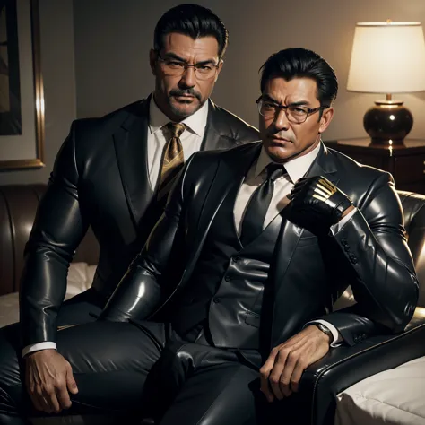 50 years old,daddy,shiny suit ,dad sit down on chair,k hd,in the bed,big muscle, gay ,black hair,asia face,masculine,strong man,...