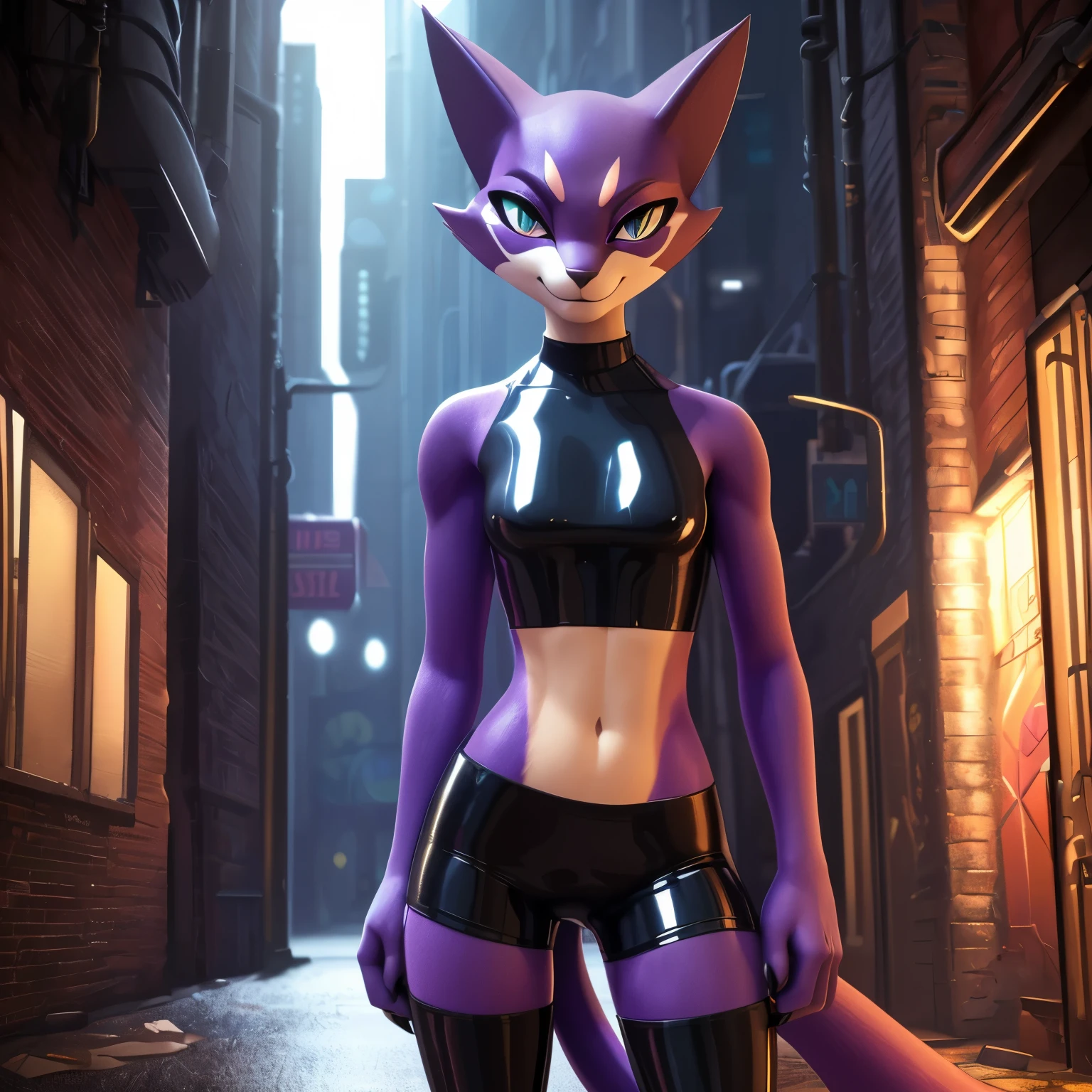 [purrloin_(pokemon)], [Uploaded to e621.net; (Pixelsketcher), (napalm_express), (twistedterra)], ((masterpiece)), ((solo portrait)), ((furry; anthro cat)), ((raytracing)), ((detailed shading)), ((beautiful 3D art)), {anthro; (purple fur, black nose, car ears, pink eye shadow, (sharp long purple purrloin tail), (black claws; 4 fingers), tan-colored  belly), teal eyes, (smug smile; (thin tan eyebrows)), (black latex crop top, small , (latex short shorts; black latex leggings), boots), (beautiful legs)}, ((standing in an alley, attractive pose), [background; dense metropolitan city; (dim alley; dark lighting, ambient lighting)]