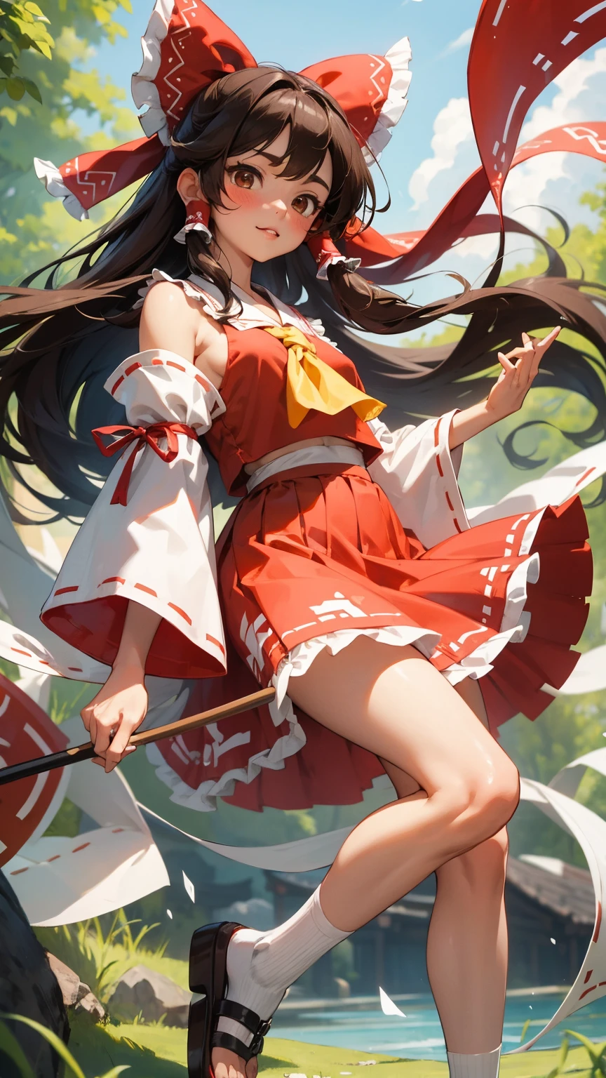 reimu hakurei, (brown eyes:1.5), brown hair, bow, hair bow, hair tubes, long hair, red bow, sidelocks, ascot, bare shoulders, black footwear, detached sleeves, embellished costume, frills, japanese clothes, nontraditional miko, red skirt, sandals, sarashi, skirt, socks, white sleeves, white socks, wide sleeves, yellow ascot, zouri, (((sexy micro red skirt))) "Capture the mystical essence of Reimu Hakurei with an image that reflects her impressive purification and sealing abilities, as well as her unique connection to the power of the gods. Create a visual representation that conveys the spiritual strength and sacred prowess of this Hakurei Temple miko in the captivating world of Gensokyo!"