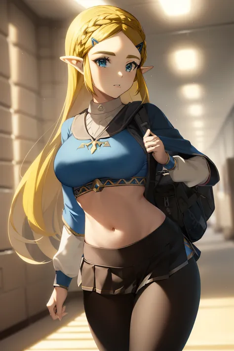 masterpiece, best_quality, 1girl, solo, princess zelda, nintendo, the legend of zelda,  botw, blue croptop, black legwear, leggi...