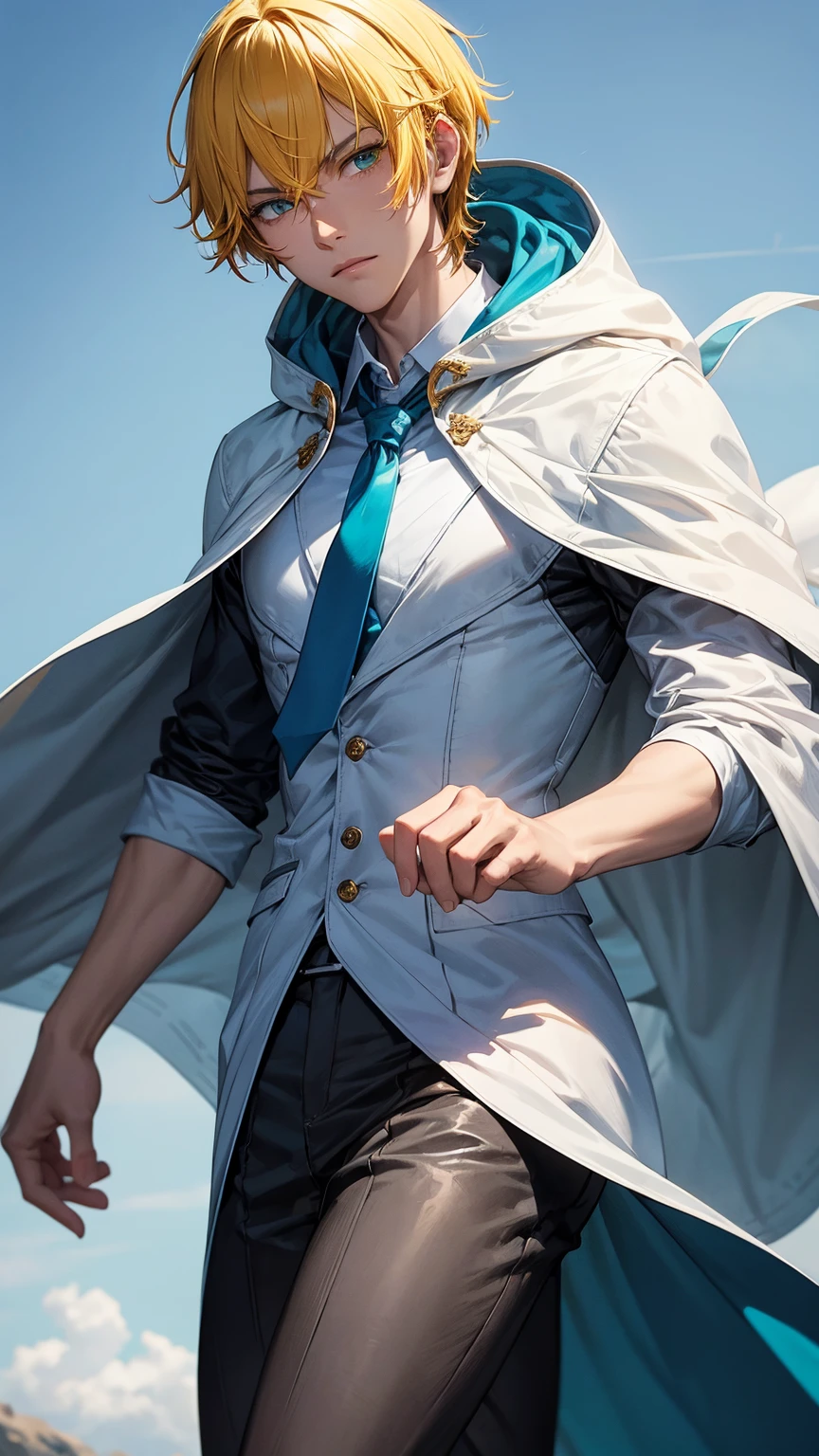 1young man,solo, male photo,look at viewer,serious face, ((yellow hair)), ((straight hair)), ((short hair)),green eyes, slant eyes,anatomically correct,((blue  tie)),((white cloak)),((white hood up)),beautiful background,best quality, high quality,masterpiece, 8K,beautiful illustration