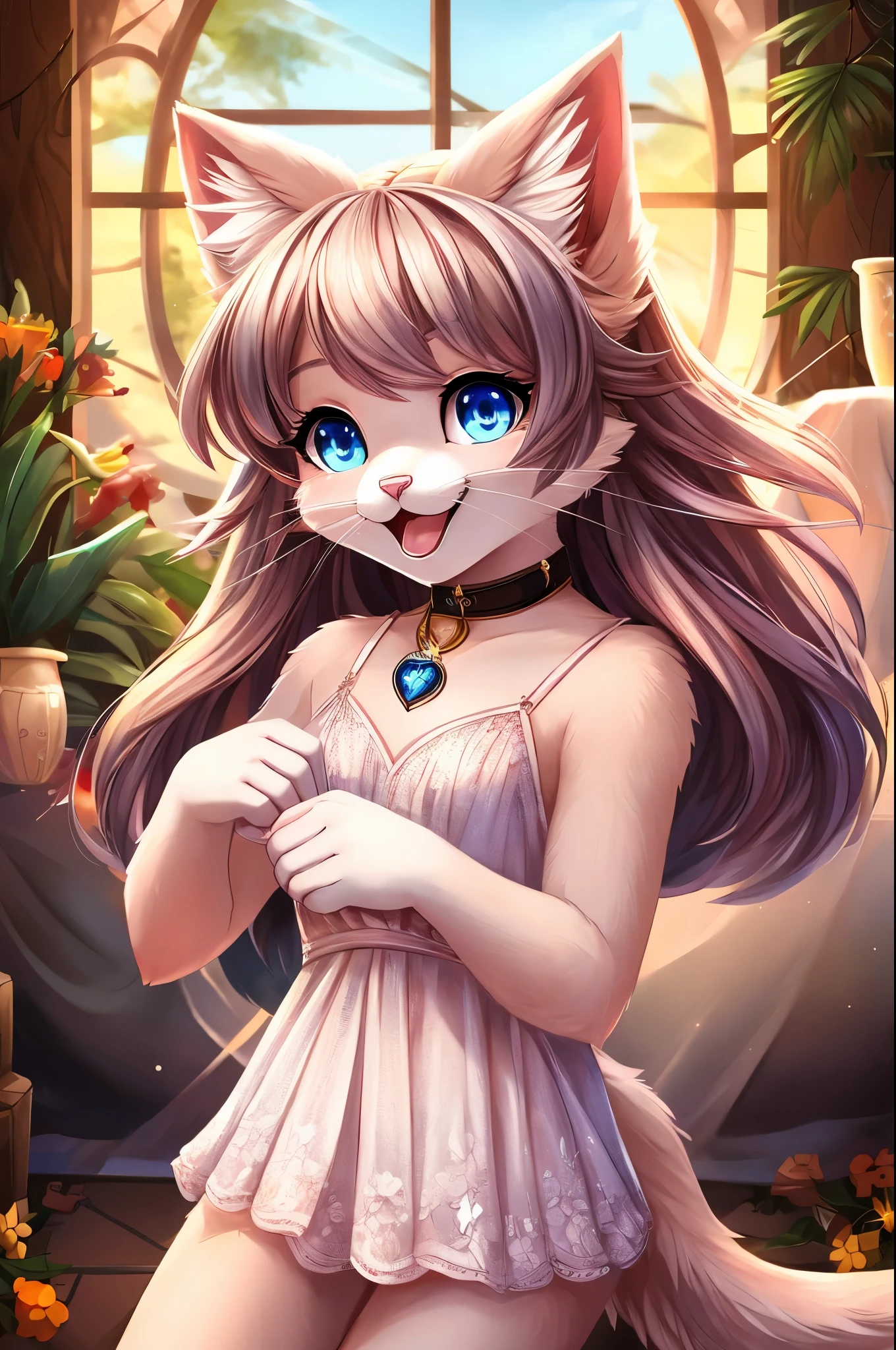 A charming white catgirl with soft, twinkling blue eyes and small pink nose is captured in this heartwarming scene. Her long, flowing tail swishes gently behind her as she gazes playfully at the viewer. Adorned in an elegant lace collar, her delicate feline ears are perked up curiously, adding to her allure. The anthro catgirl has a youthful and figure, with soft fur covering every inch of her body. She exudes cuteness and innocence that would melt even the iciest heart. Her whiskers twitch in delight as she strikes an adorable pose, showcasing her unique human-like hands and paws. The playful gleam in her eyes speaks volumes about her spirited personality and boundless energy, making this anthro catgirl a truly captivating sight to behold.
