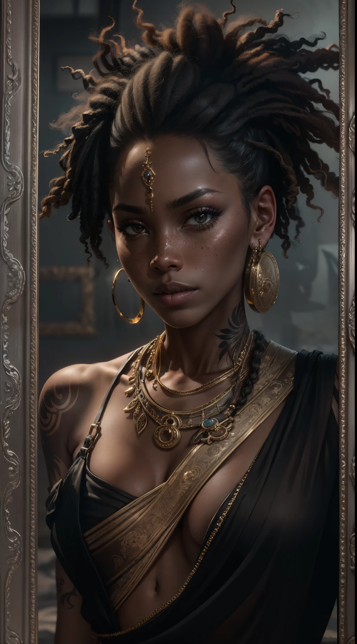 A full body portrait of a black African woman with deep ebony skin, the photograph captured in stunning 8k resolution and raw format to preserve the highest quality of detail. The woman's beauty is undeniable, a serious and threatening look. She wears a black battle outfit with gold details and some animal fur adornments that complement her imposing pose, all portrayed with meticulous attention to detail, showing the strength within her. The photograph is taken with a lens that frames your entire body, challenging your gaze, and the backdrop is a rustic, bright environment that highlights the vibrant colors of the scene. The lighting and shadows are expertly crafted to highlight the richness of her skin tone and the subtle nuances of her features. Her dreadlock-style hair, with distinct shade variations, adds a touch of warmth and contrast to her ebony skin. The interior setting adds a sense of hostility, while the freckles and tattoos on her skin tell their own story. The overall composition captures her essence with authenticity and grace, creating a portrait that is a celebration of her warrior heritage and beauty. Photography by defiance512, using the best shadow and lighting techniques, to create a mesmerizing portrait that transcends the visual.