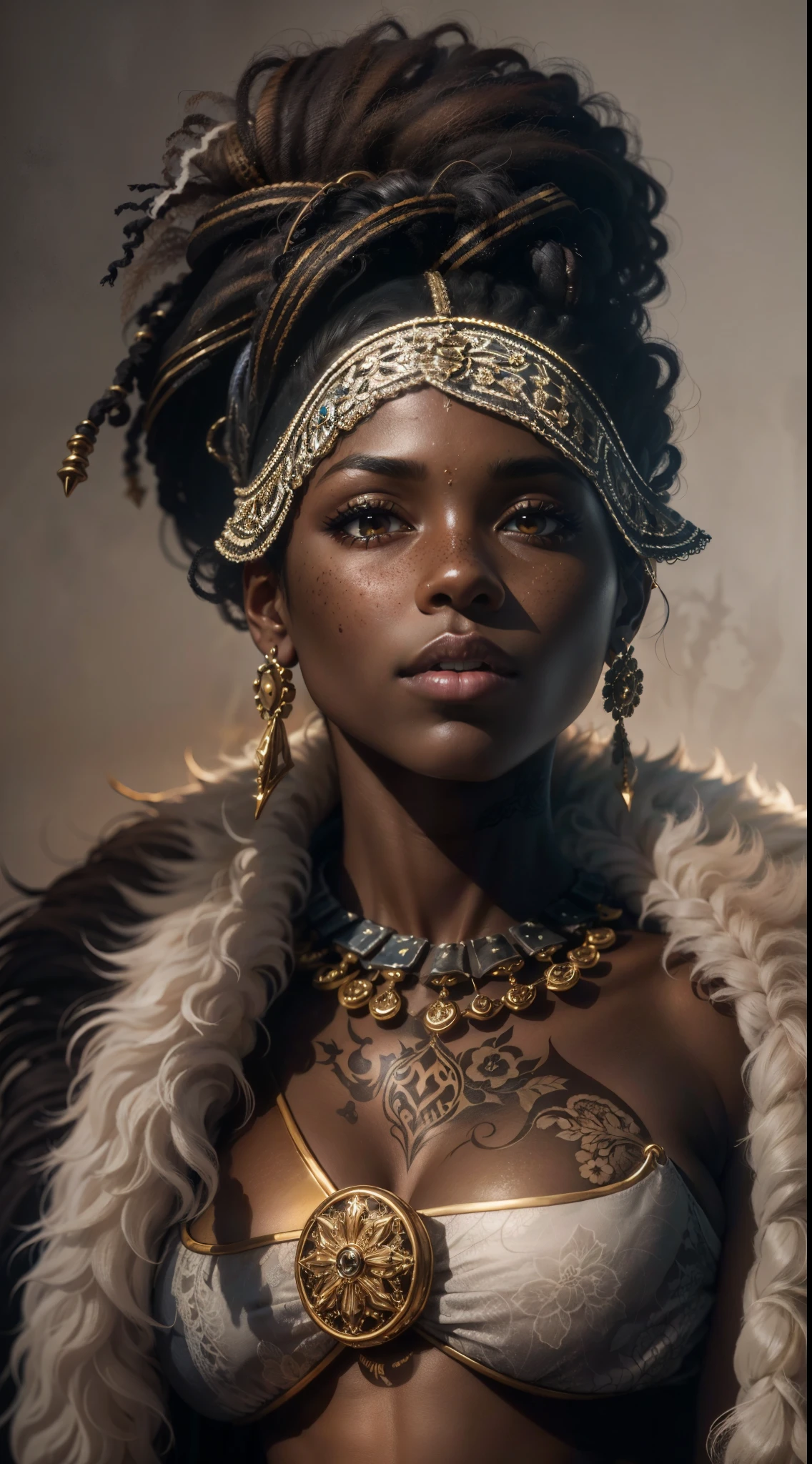 A full body portrait of a black African woman with deep ebony skin, the photograph captured in stunning 8k resolution and raw format to preserve the highest quality of detail. The woman's beauty is undeniable, a serious and threatening look. She wears a black battle outfit with gold details and some animal fur adornments that complement her imposing pose, all portrayed with meticulous attention to detail, showing the strength within her. The photograph is taken with a lens that frames your entire body, challenging your gaze, and the backdrop is a rustic, bright environment that highlights the vibrant colors of the scene. The lighting and shadows are expertly crafted to highlight the richness of her skin tone and the subtle nuances of her features. Her dreadlock-style hair, with distinct shade variations, adds a touch of warmth and contrast to her ebony skin. The interior setting adds a sense of hostility, while the freckles and tattoos on her skin tell their own story. The overall composition captures her essence with authenticity and grace, creating a portrait that is a celebration of her warrior heritage and beauty. Photography by defiance512, using the best shadow and lighting techniques, to create a mesmerizing portrait that transcends the visual.