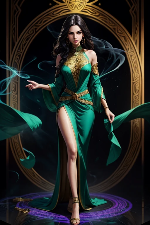 female, 5 foot 5 inches tall, slim body build, waist length wavy brunette to black hair, green eyes, 2, ethnicity india, ethnicity middle eastern, wizard clothing style, demure dress style, clothing not revealing, mage actively casting shadow magic, smoke effects.