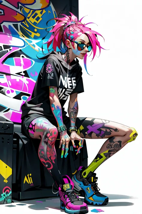 HD, (Best Detail) (Best Quality), Aalfi woman in sunglasses sitting in chair on sofa, (((Graffiti art))), (((Trigger studio styl...