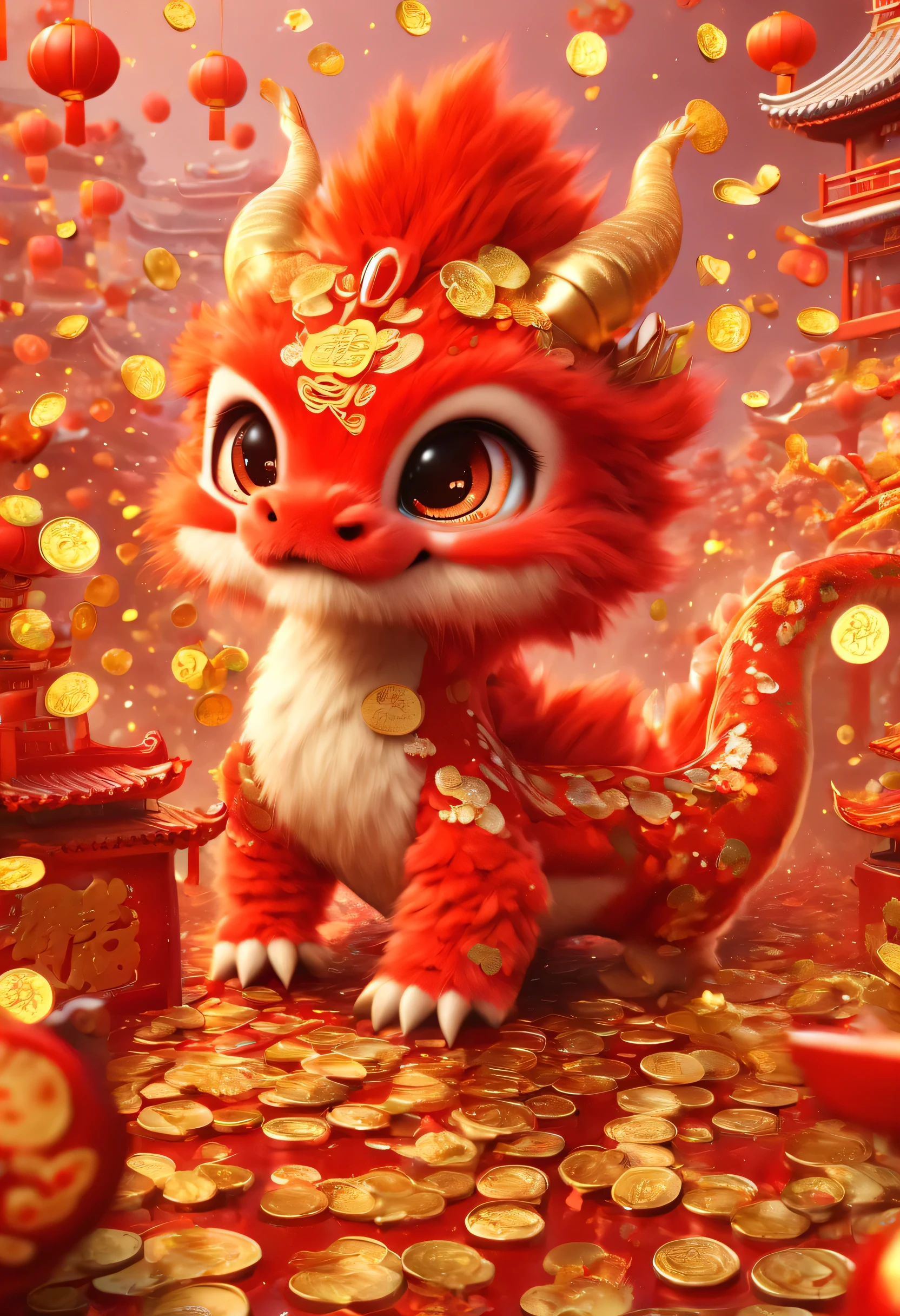 poster design：Chinese New Year is here，Cute little Chinese dragon is so happy，hairy，There are many gold coins in the air，red background blur，