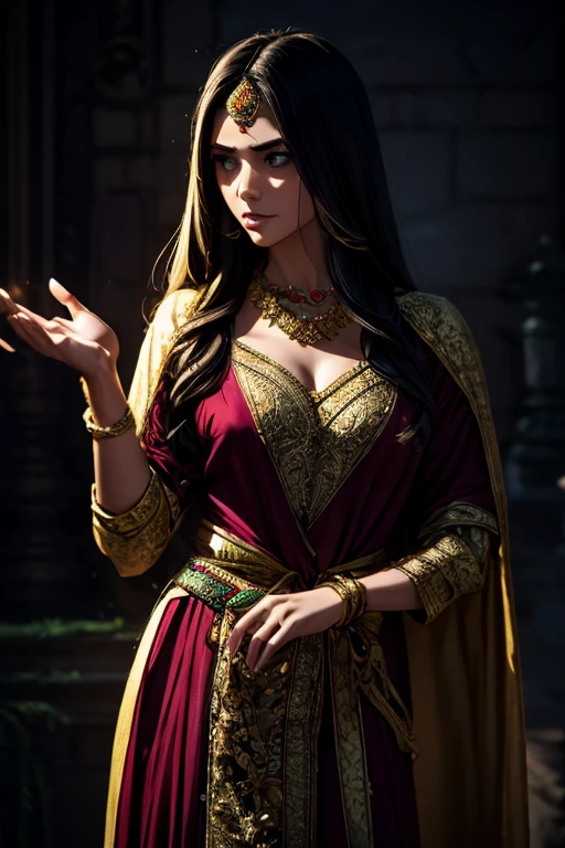 female, 5 foot 5 inches tall, slim body build, waist length wavy brunette to black hair, green eyes, 28 age, ethnicity india, ethnicity middle eastern, wizard clothing style, demure dress style, clothing not revealing, mage actively casting shadow magic, smoke effects.