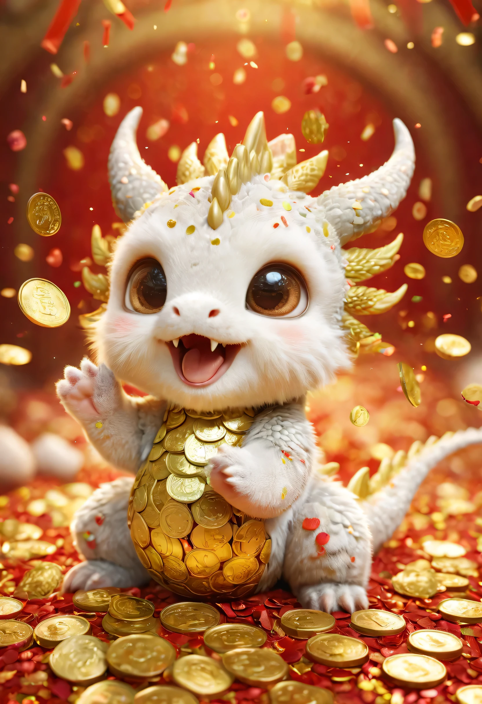 poster design：Chinese New Year is here，Cute little Chinese dragon is so happy，hairy，There are many gold coins in the air，red background blur，