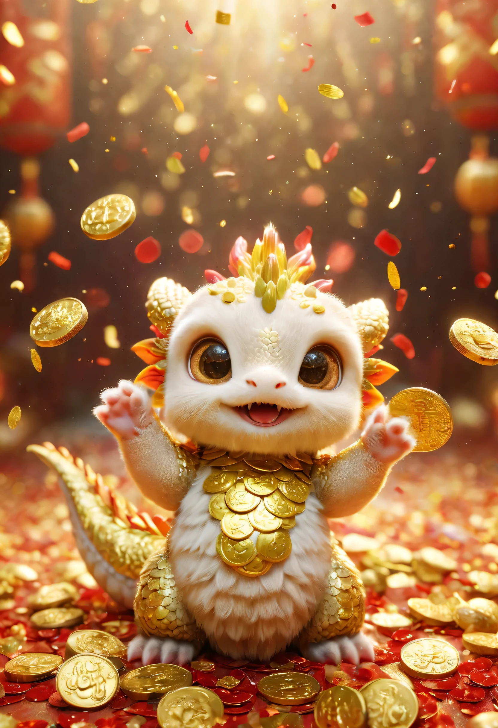 poster design：Chinese New Year is here，Cute little Chinese dragon is so happy，hairy，There are many gold coins in the air，red background blur，