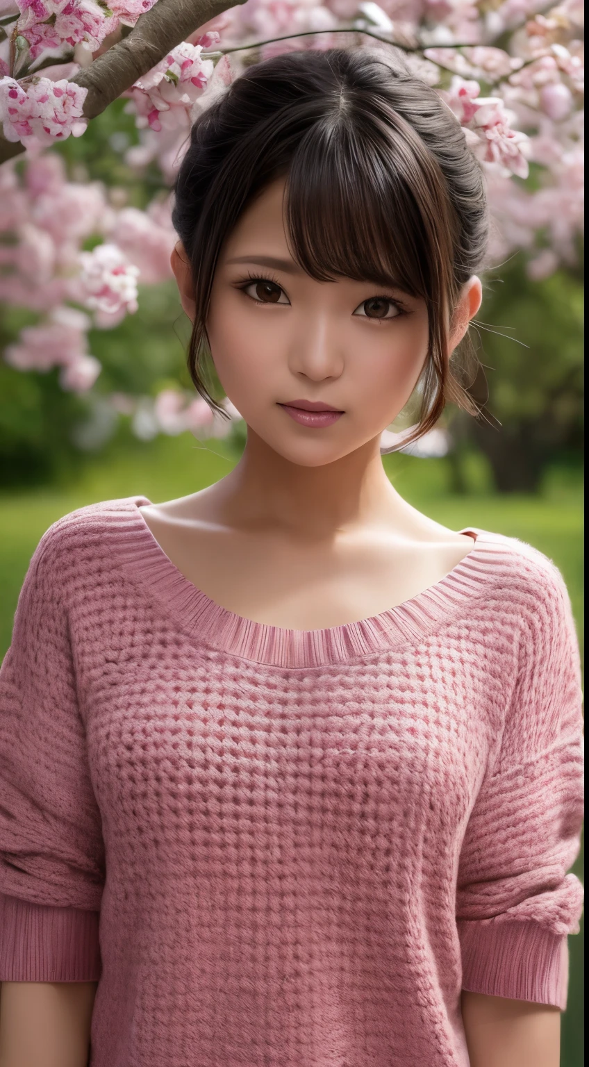  (standing under the cherry tree:1.2), sunset, japanese woman,  (oversized knitted sweater:1.3), pupils sparkling, brown short hair, depth of field, f/1.8, anatomically correct, textured skin, super detail, high details, high quality, super detail, high details, high quality, best quality, highres