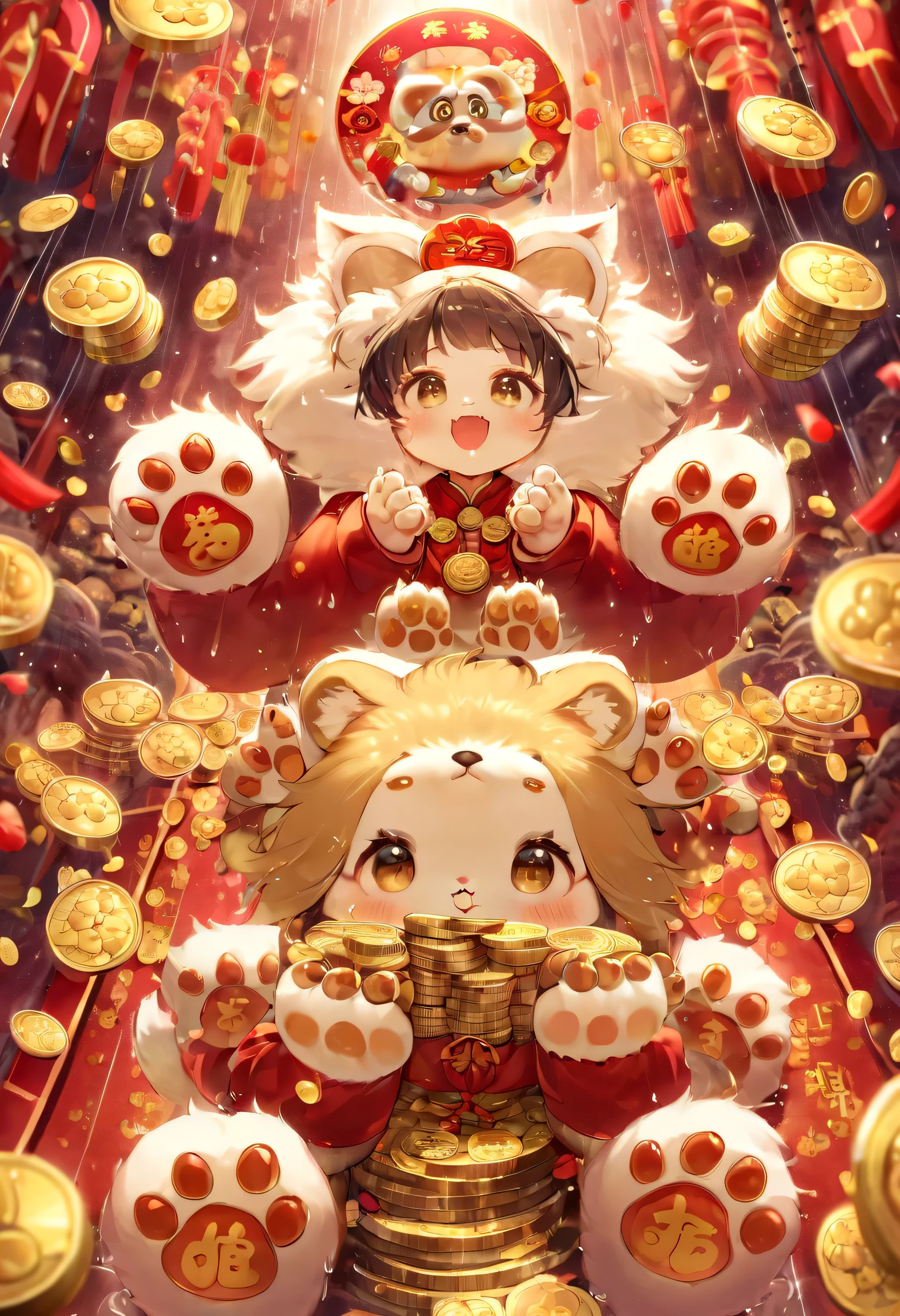 poster design：Chinese New Year is here，Cute little Chinese dragon is so happy，hairy，There are many gold coins in the air，red background blur，